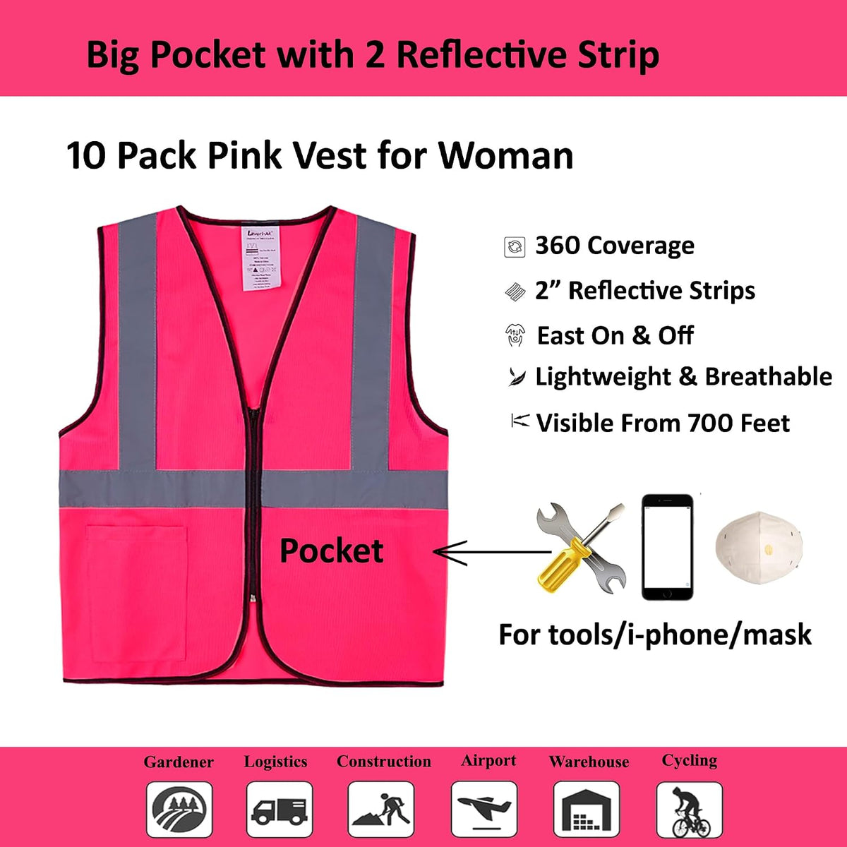 Safety Vests 10 Pack - Yellow Reflective High Visibility Construction ANSI Class 2 Work Vest for Men,Woman,Hi Vis Vest Mesh and Neon Silver Strip