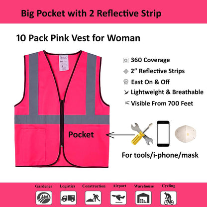 Safety Vests 10 Pack - Yellow Reflective High Visibility Construction ANSI Class 2 Work Vest for Men,Woman,Hi Vis Vest Mesh and Neon Silver Strip