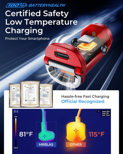 【Upgraded】 125W Car Charger USB C Super Fast Charging, [PD65W & QC60W][All Metal] MRGLAS Cigarette Lighter Car Charger, Car Electrical Accessories for iPhone 17 Pro Max iPad Samsung S26 S25 Pixel 10