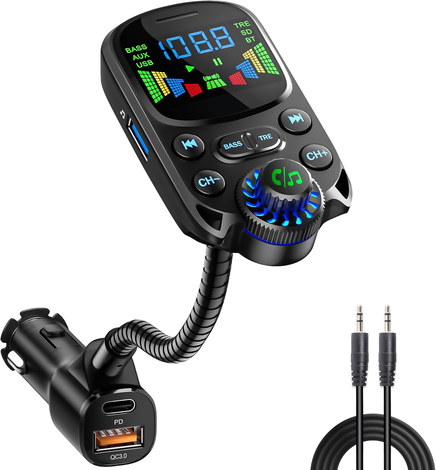 Bluetooth 5.3 FM Transmitter for Car SOARUN Bluetooth Car Adapter PD30W & USB Port Fast Charge, HiFi Treble & Bass Player, 1.6" Display Hands-Free Calling Truck Radio with AUX Input/Output, TF Card