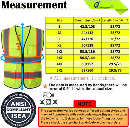 Reflective Mesh Safety Vest for Men Women with 5 Pockets and Zipper Front High Visibility Mesh Vest Hi Vis Construction Work Vest,Meets ANSI/ISEA Standards(EK175-Yellow-L)