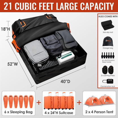 Car Rooftop Cargo Carrier Bag, 21 Cubic Feet 100% Waterproof Heavy Duty 840D Car Roof Bag for All Vehicle with/Without Racks - Anti-Slip Mat, 6 Door Hooks, Storage Bags, 2 Extra Straps, Luggage Lock