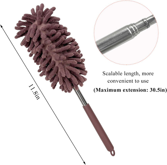 2PCS Car Interior Duster with Extension Pole, 11.8" to 30.5" Retractable Dusters Auto Dash Cleaning Tool, Soft Chenille Hand Washable Dusters for Car Window Furniture Office (Light Pink)