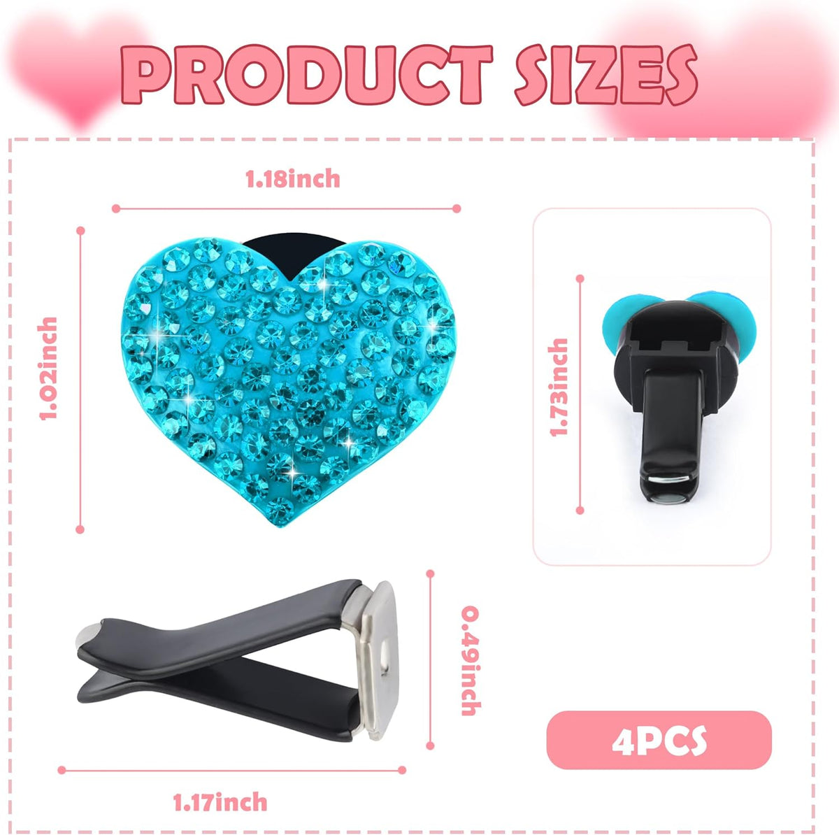 4PCS Heart-Shaped Car Vent Clips with Rhinestone,Bling Air Vent Clips Car Decorations,Premium Shiny Car Clips for Vents CCar Accessories Interior for Cars,Trucks,SUVs (Pink)