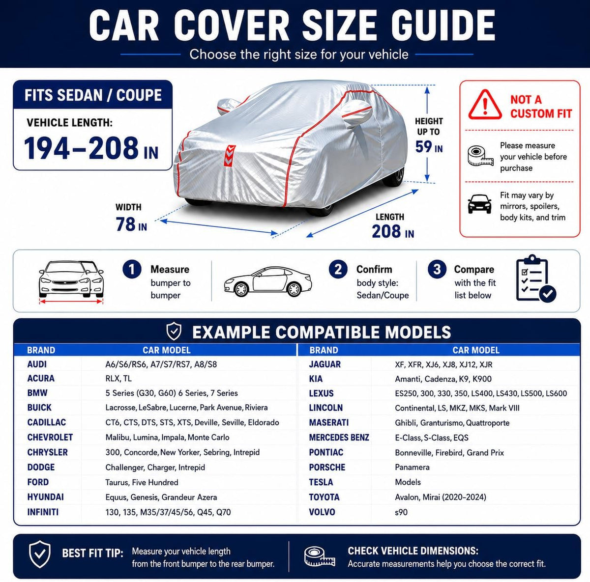 Car Cover for Sedan, Waterproof All Weather Heavy Duty, 360° Underbody Wrap Windproof Design, Quick Install Outdoor Vehicle Cover, Fits 186-193 in