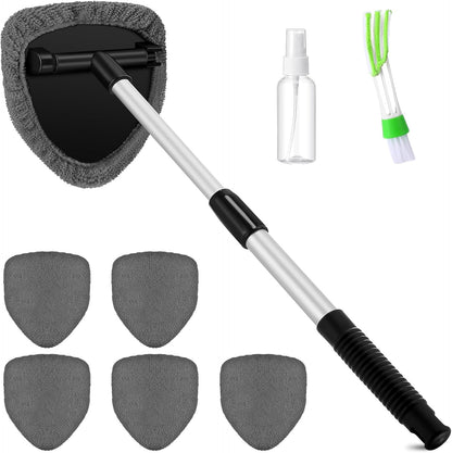 Potchen 8 Pcs Car Windshield Cleaner Tool Kit with Extendable Handle, Microfiber Towel Pads, Brush, Empty Spray Bottle for Auto Glass Wiper Suvs Rvs & Home Windows(Purple)