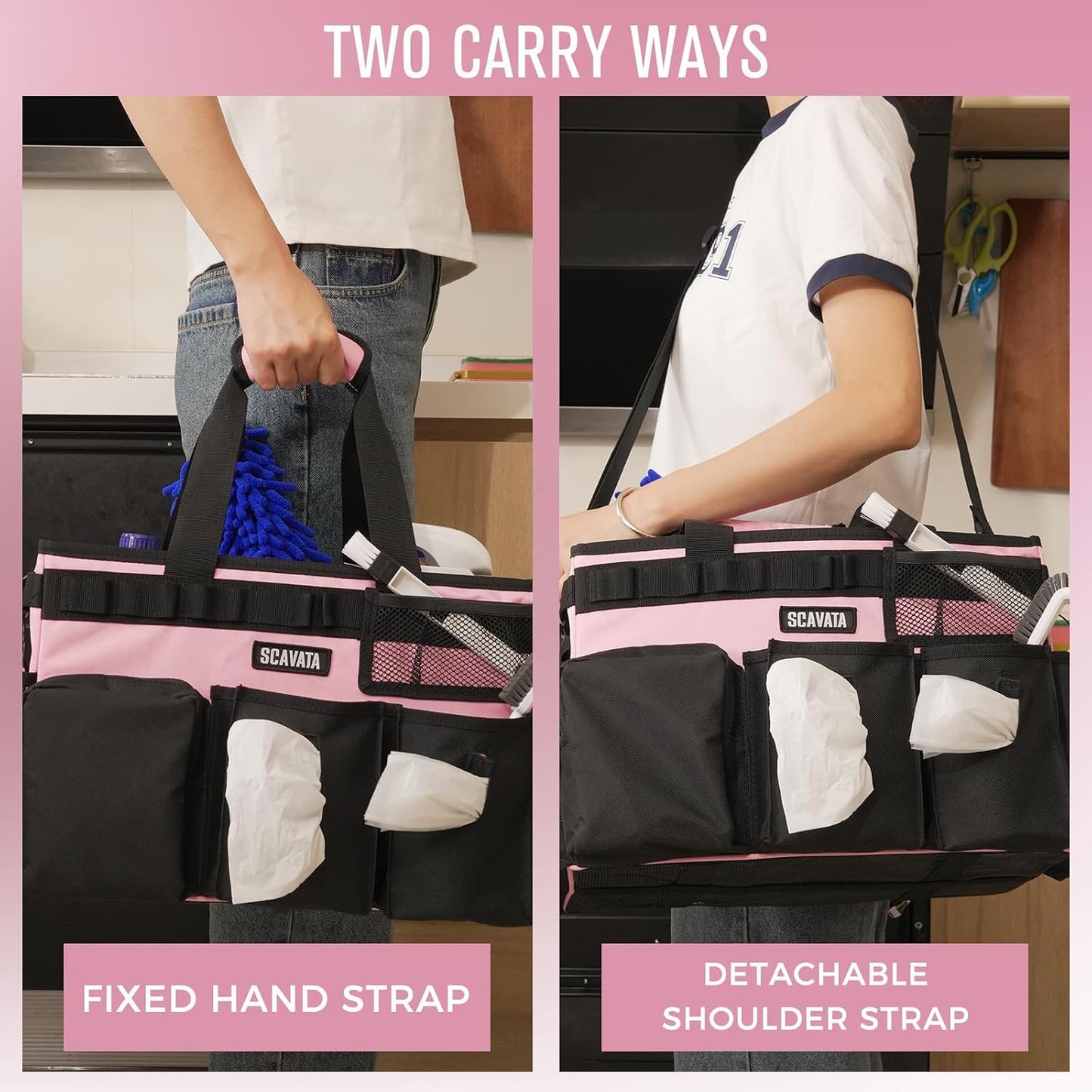 SCAVATA Wearable Cleaning Caddy Bag, Supplies Organizer with Handle & Shoulder Straps for Housekeepers, Under Sink & Car Cleaning Tool Organizer with 4 Foldable Dividers (Black)