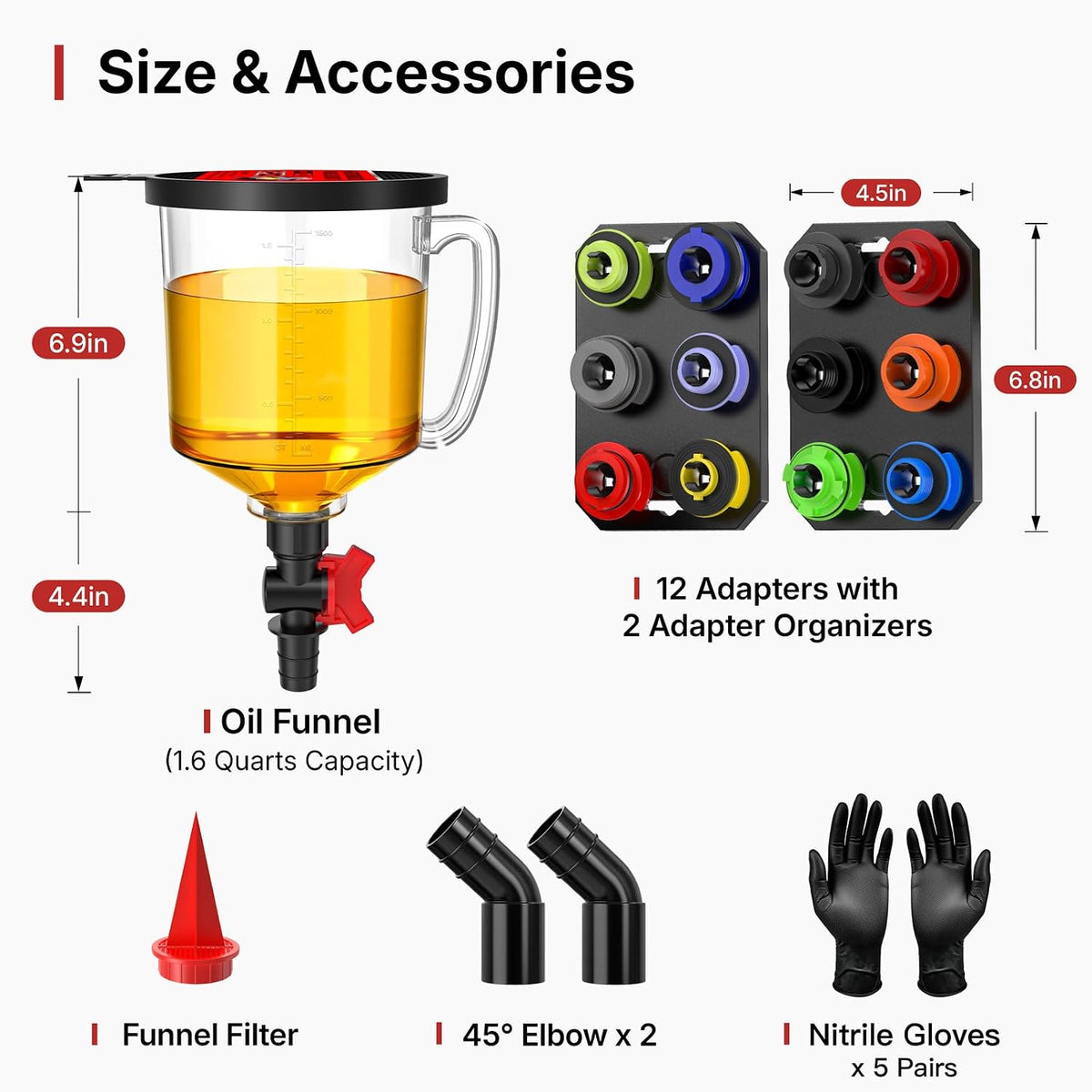 19-Piece No Spill Engine Oil Funnel Kit | 1.6QT Oil Change Kit w/ 12 Adapters, 2 Magnetic Trays, 45° Elbows, Arrow Filter & Gloves | Transparent Body w/Scale & Shut-Off Valve | Universal Fit
