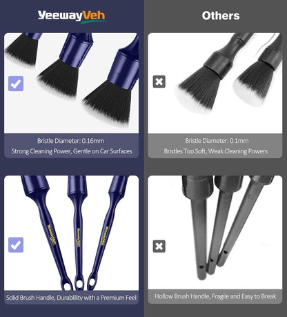 YeewayVeh Car Detailing Brush Set, 3 Pack Ultra Soft Boars Hair Detailing Brushes for Leather Seat Air Vents Engine Bay, Auto Detail Brushes Car Detailing for Interior Exterior, Indigo