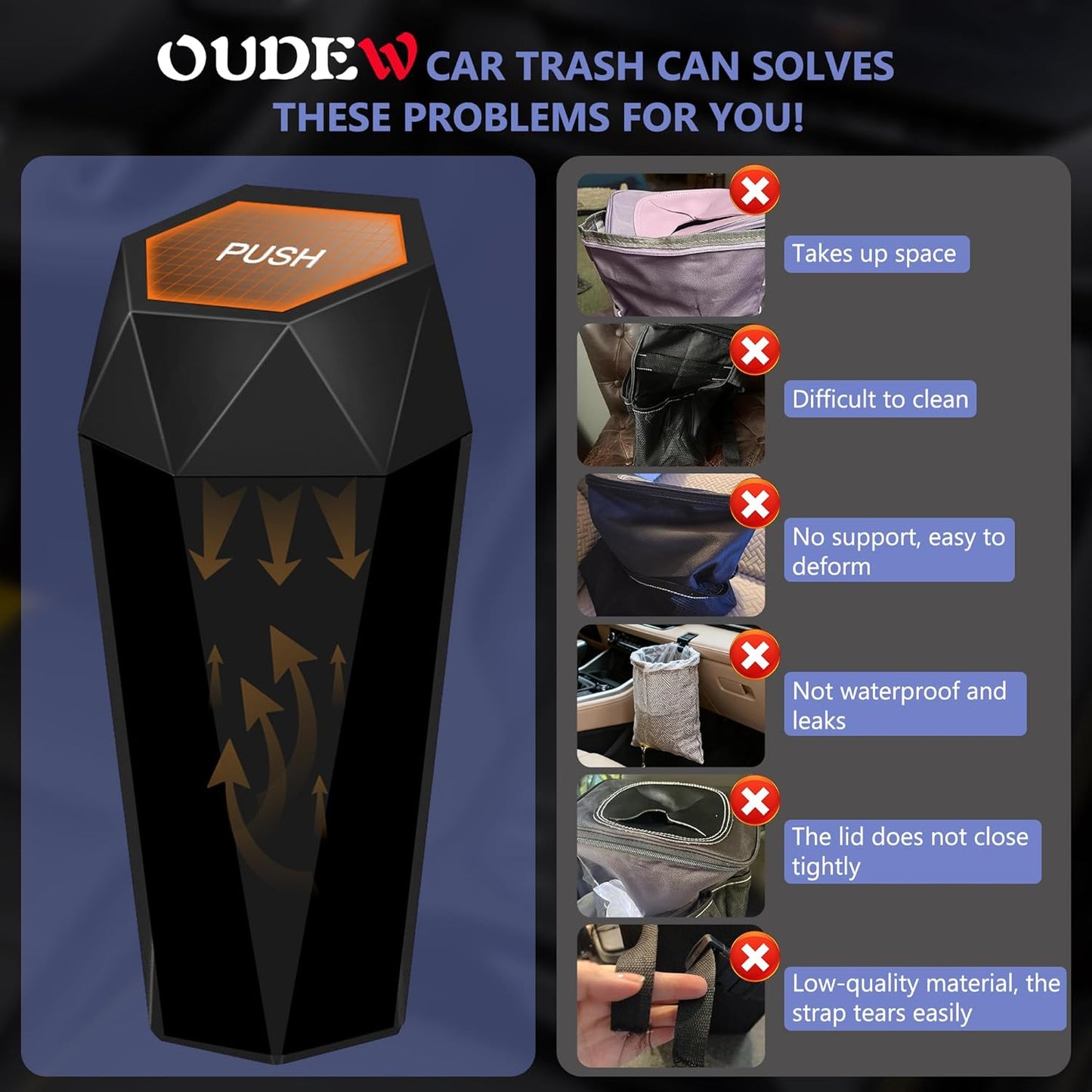 Car Trash Can with Lid - 2-Pack, Interior Accessories for Vehicles, Leakproof Garbage Can with 30 Detachable Trash Bags, Multipurpose Organizers and Storage Solutions for Home and Office
