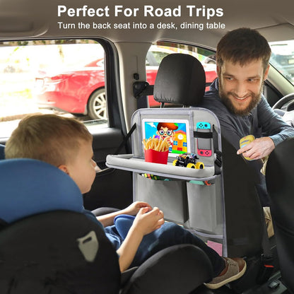 2Pack Car Backseat Organizer with Foldable Table Tray,6 Storage Pockets Car Storage Organizer with Tablet Holder,Car Seat Back Protectors Kick Mats Travel Accessories (Black)