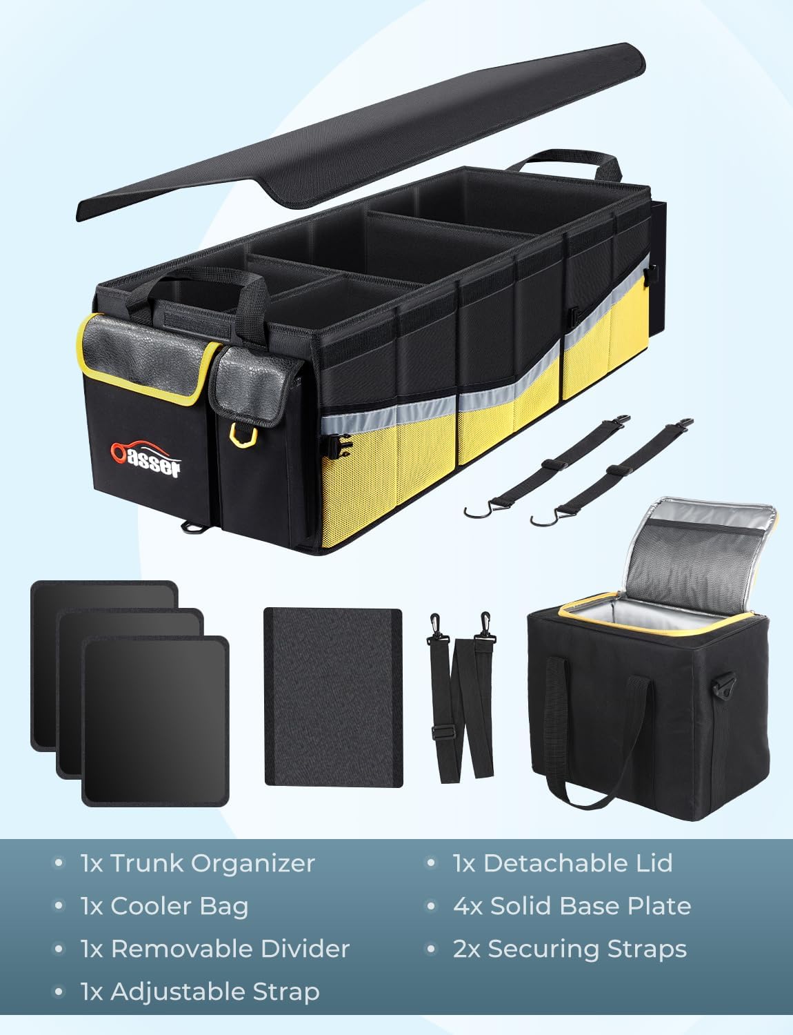 Oasser Car Trunk Organizer, 3 Compartments Collapsible Waterproof Car Organizer Storage with Foldable Cover, Reflective Strip, Non-Slip Bottom, 4 Mesh Pockets for SUV/Truck/Sedan/Camping/Road Trip