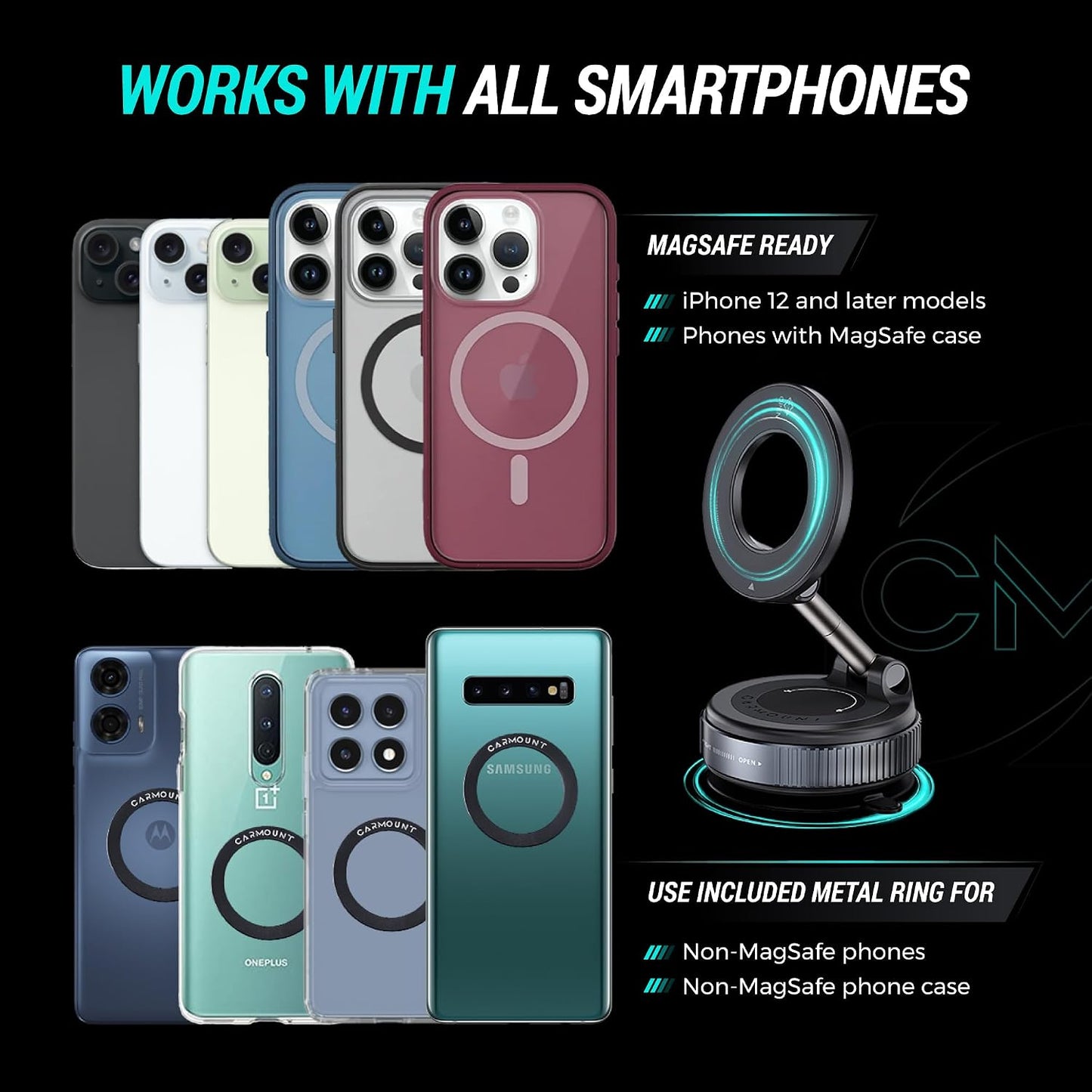 CARMOUNT Clutch-X™ Black – Vacuum Phone Mount Suction Cup Car Phone Holder for iPhone, Window Phone Mount for Travel, 360° Vacuum Magnetic Phone Holder for Car, Magnetic Phone Holder with Suction Cup