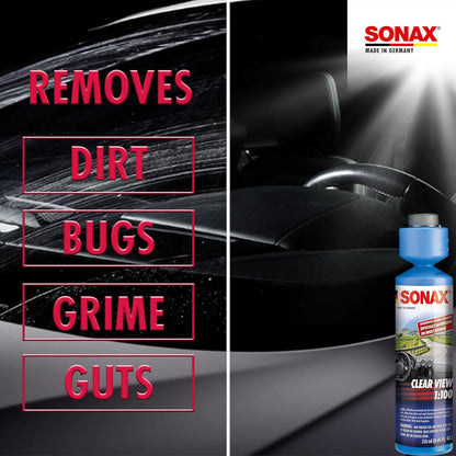 SONAX Clear View Concentrate 271141 | High-Performance Windshield Cleaner Concentrate | Remove Insects, Oil, Road Grime & Film | Streak-Free Phosphate-Free Formula | Makes 6 Gallons of Cleaner | 250ml