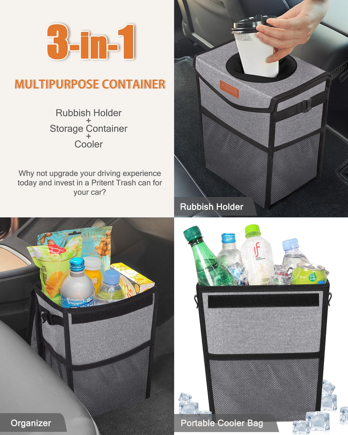 Pritent Car Trash Can with Lid, Cute Leakproof Car Trash Garbage Bag Hanging Vehicle Trash Bin Small Portable Automotive Garbage Cans Organizer for Back/Front Seat/Console(Trapezoid,Black)