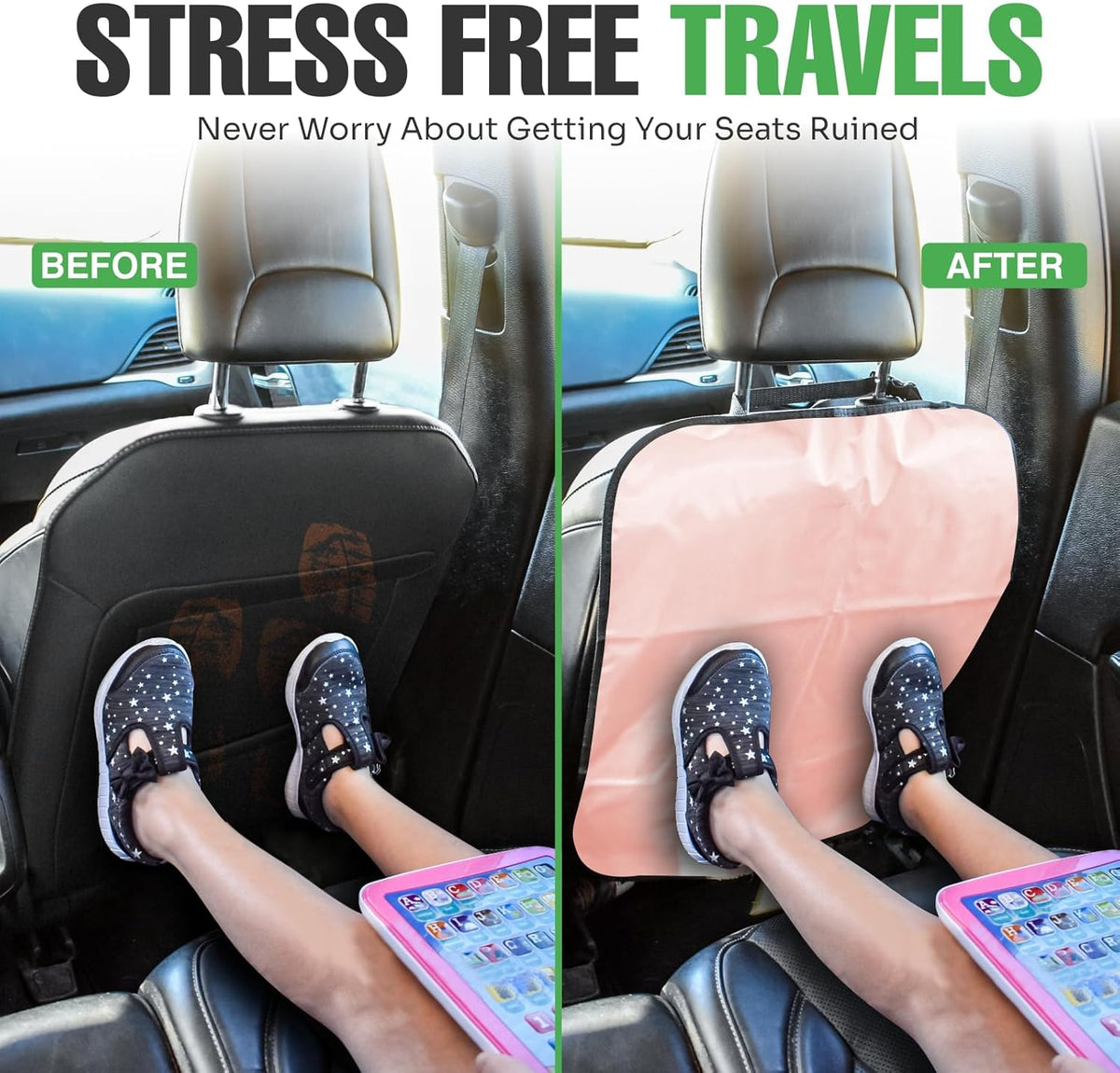 lebogner Back Seat Cover For Kids + 3 Pocket Storage Organizer, 2 Pack X-Large Waterproof Kick Mats Backseat Protector, Car Seat Back Protectors For Vehicles To Protect From Dirt, Mud & Scratches