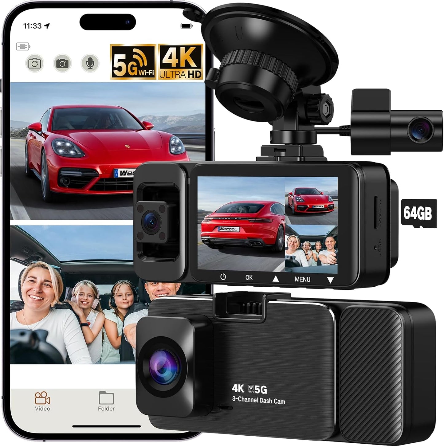 WECOOL 4K UHD 3 Channel Dash Cam Front and Rear Inside, Free 64GB Card Included, 360° Wide-Angle Full-View Dash Camera for Cars with Night Vision, 24H Parking Mode, G-Sensor, Loop Recording, 5GHz WiFi