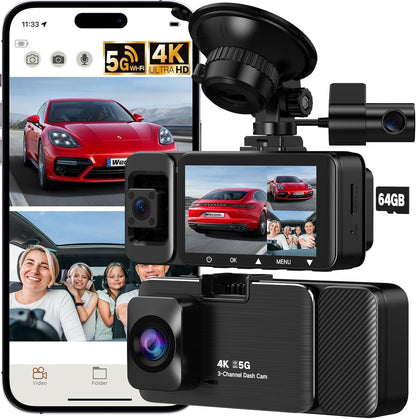 WECOOL 4K UHD 3 Channel Dash Cam Front and Rear Inside, Free 64GB Card Included, 360° Wide-Angle Full-View Dash Camera for Cars with Night Vision, 24H Parking Mode, G-Sensor, Loop Recording, 5GHz WiFi
