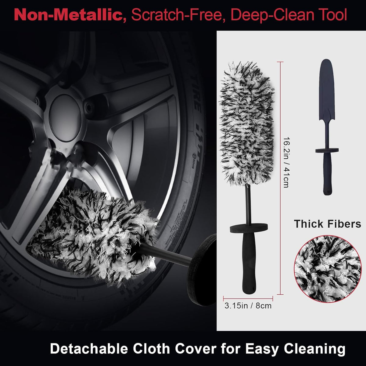 9PCS Professional Wheel Detailing Kit - Microfiber Flat Rim Brush w/Removable Cover, Boar Hair Detail Brush, Cleaning Pads, Towel & Storage Bag | Scratch-Free for All Vehicles
