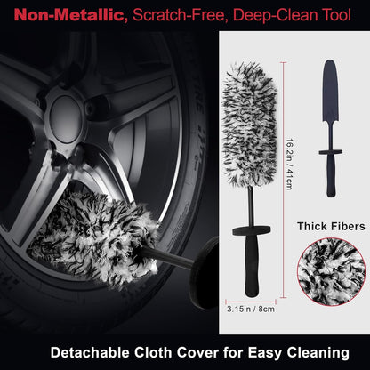 9PCS Professional Wheel Detailing Kit - Microfiber Flat Rim Brush w/Removable Cover, Boar Hair Detail Brush, Cleaning Pads, Towel & Storage Bag | Scratch-Free for All Vehicles
