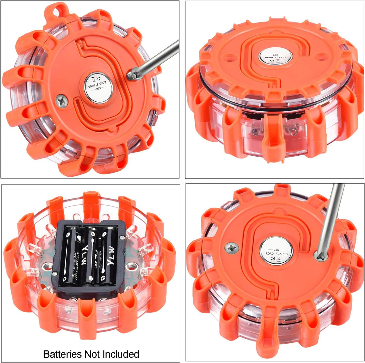 Tobfit 6 Pack LED Road Flares Emergency Lights Roadside Safety Beacon Disc Flashing Warning Flare Kit with Magnetic Base & Hook for Car Truck Boats | 9 Flash Modes (Batteries Not Included) (6)