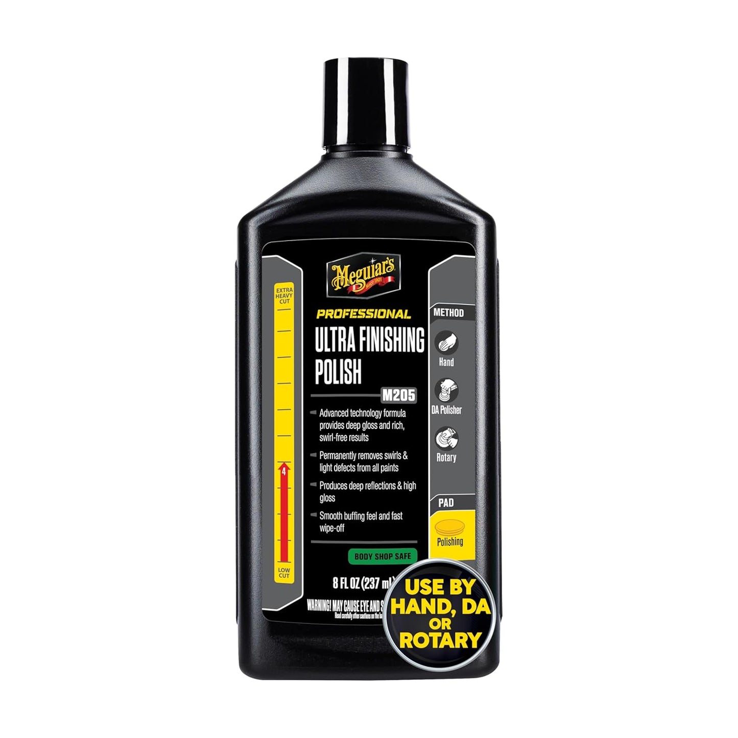 Meguiar’s Mirror Glaze M105 Ultra-Cut Compound, Car Rubbing Compound for Removing Scratches and Heavy Swirls While Adding Shine, Safe and Effective on All Glossy Car Paint and Clear Coats, 8 oz