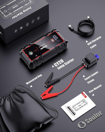 Jump Starter, Battery Jumper Starter Portable, Car Battery Jump Starter with 3 Modes Flashlight, Compass, Power Bank and Jumper Cable