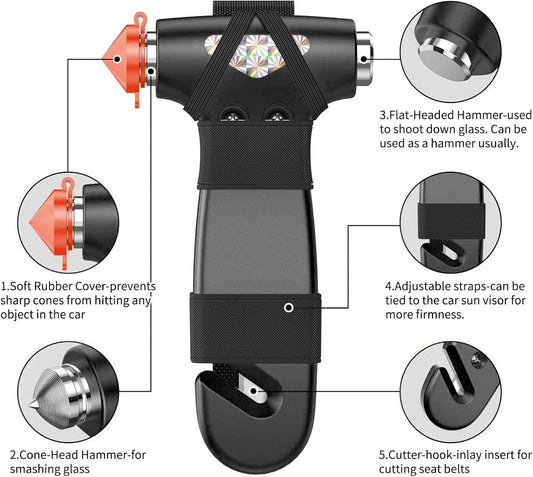 Car Safety Hammer, 2PCS Black 3-in-1 Emergency Escape Tool with Window Breaker and Seat Belt Cutter, Safety Emergency Car Escape Tool for Car, Office, Home