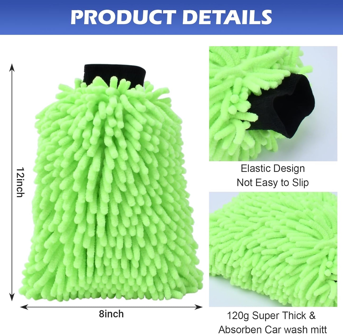 4Pcs Car Wash Mitt Microfiber Gloves Chenille Material Microfiber Towels for Car Washing Supplies Kit Scratch Free Cleaning Fluorescent Green + Royal Blue