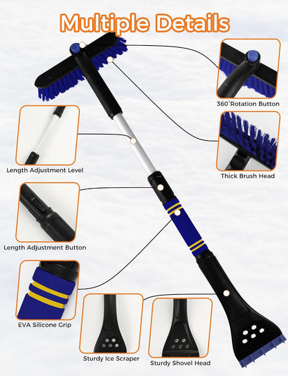 34" Extendable Ice Scrapers for Car Windshield 2-in-1 Snow Brush for Car Snow Scraper for Car Snow Scraper and Drush with Ergonomic Foam Grip for Cars, Trucks, SUVs with 360° Pivoting Brush Head Blue