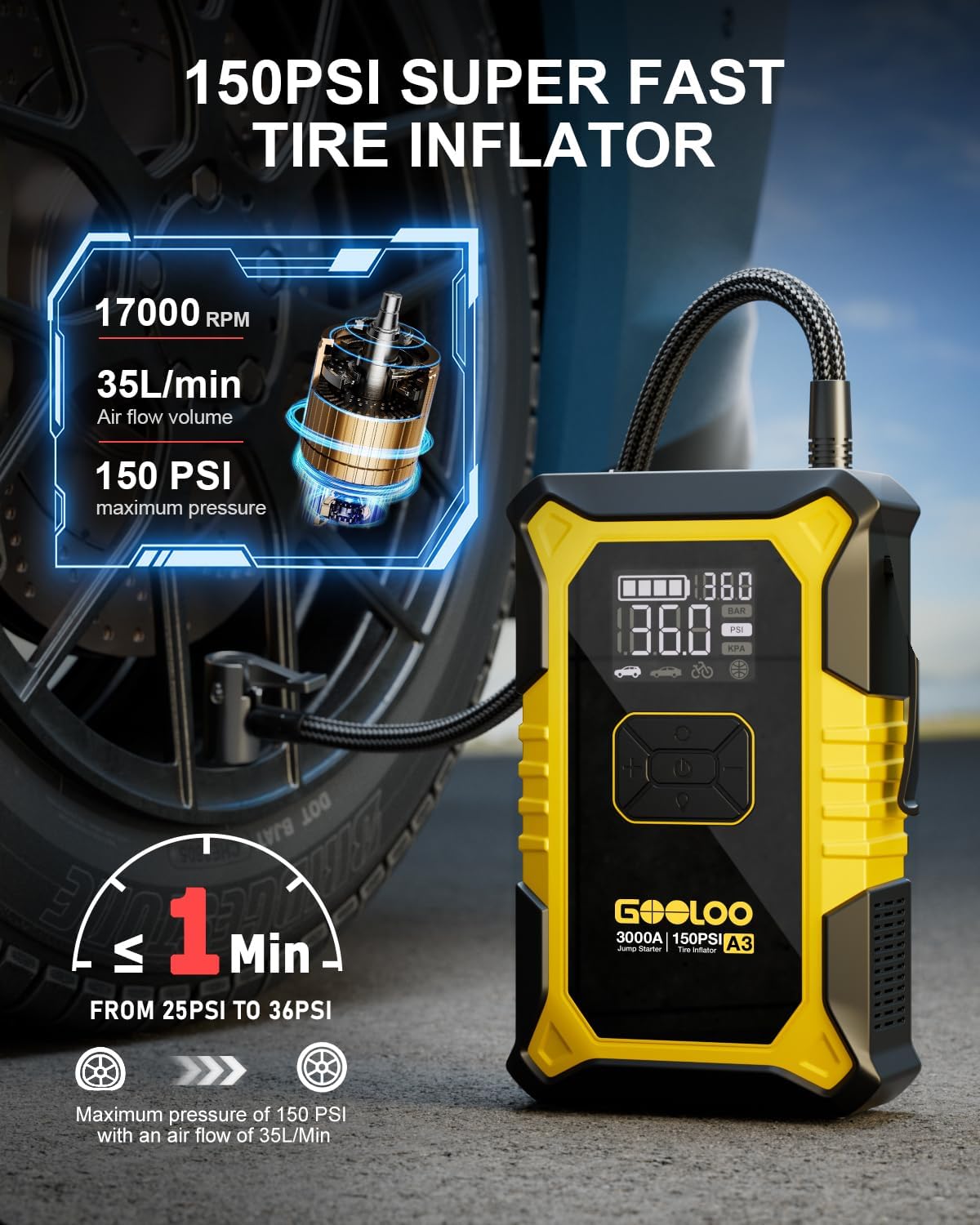 GOOLOO A3 Jump Starter with Air Compressor, 3000A Portable Car Battery Booster (9.0 Gas/6.5L Diesel) with 150PSI Auto-Shutoff Tire Inflator, 12V Supersafe Lithium Jump Box Car Battery Jumper Starter