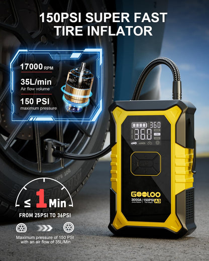 GOOLOO A3 Jump Starter with Air Compressor, 3000A Portable Car Battery Booster (9.0 Gas/6.5L Diesel) with 150PSI Auto-Shutoff Tire Inflator, 12V Supersafe Lithium Jump Box Car Battery Jumper Starter