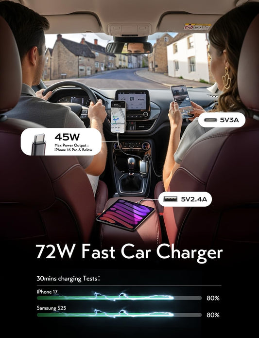 LISEN Retractable Car Charger USB C [Upgraded Dual Type C] 75W Fast 4 in 1 Car Charger for iPhone 17, Road Trip Essentials Gifts for Men Women, Car Accessories for Galaxy S26 Phone 17e 16 15 Pro Max