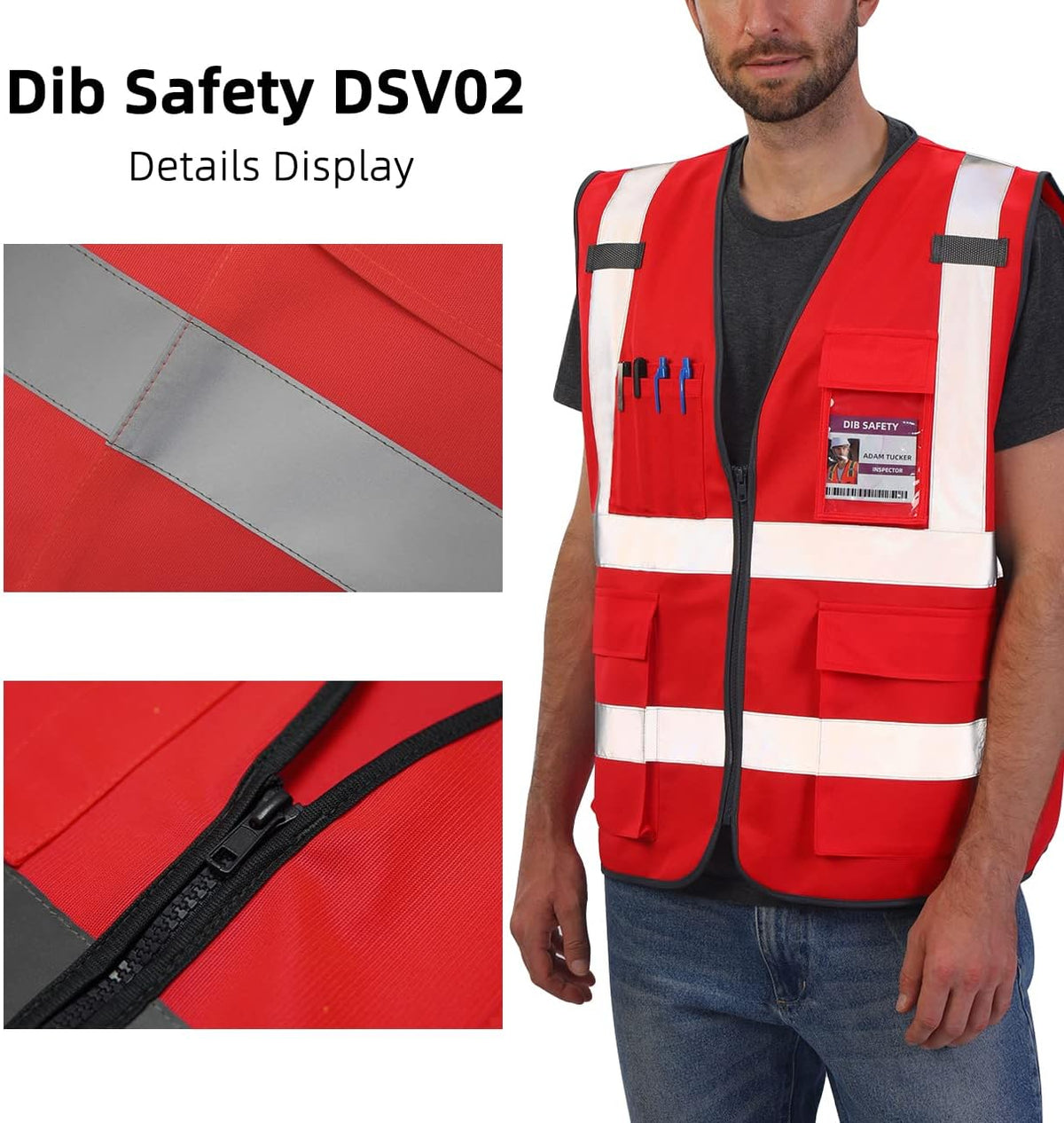 Dib Safety Reflective Safety Vest for Men Women, High Visibility Vest with Pockets and Zipper, ANSI Class 2