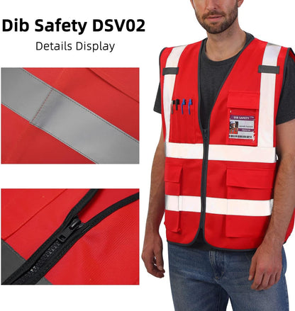 Dib Safety Reflective Safety Vest for Men Women, High Visibility Vest with Pockets and Zipper, ANSI Class 2