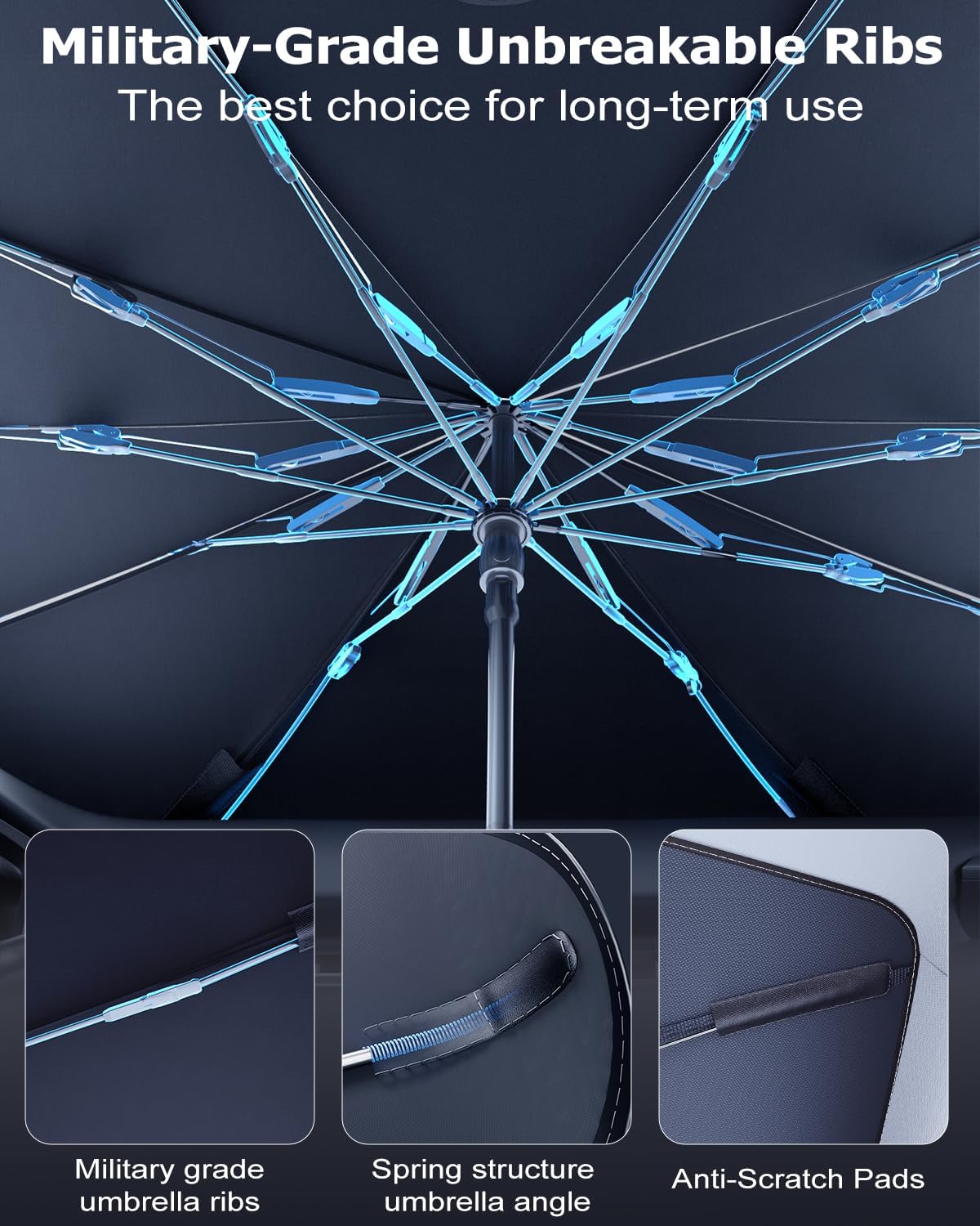 DMJN Umbrella Windshield Sun Shade - Medium, Car Sunshade for Front Windshield [Nano Ice-Crystal Coatings] UPF50+ Heat & UV Block, Protect Interior & Keep Cooler Universal for Car, SUV, Truck