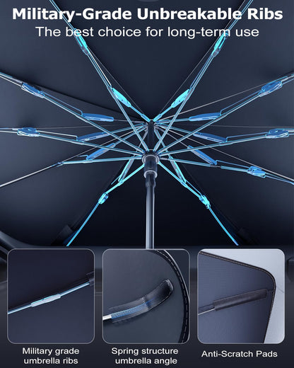 DMJN Umbrella Windshield Sun Shade - Medium, Car Sunshade for Front Windshield [Nano Ice-Crystal Coatings] UPF50+ Heat & UV Block, Protect Interior & Keep Cooler Universal for Car, SUV, Truck