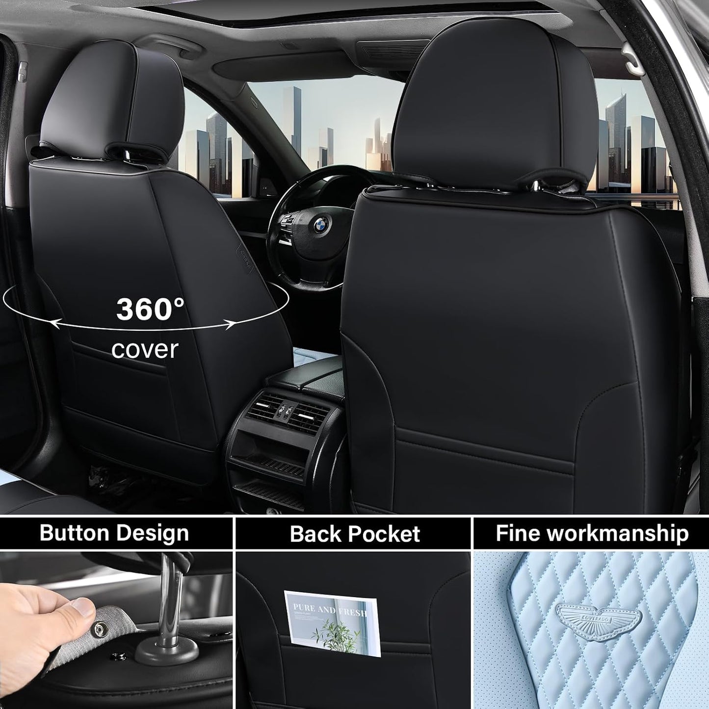 Coverado Seat Covers, Car Seat Covers Full Set, Black Car Seat Cover, Car Seat Covers Front Seats Back Seat Cover, Waterproof Car Seat Cushion, Leather Seat Covers Seat Protector Fit for Most Cars
