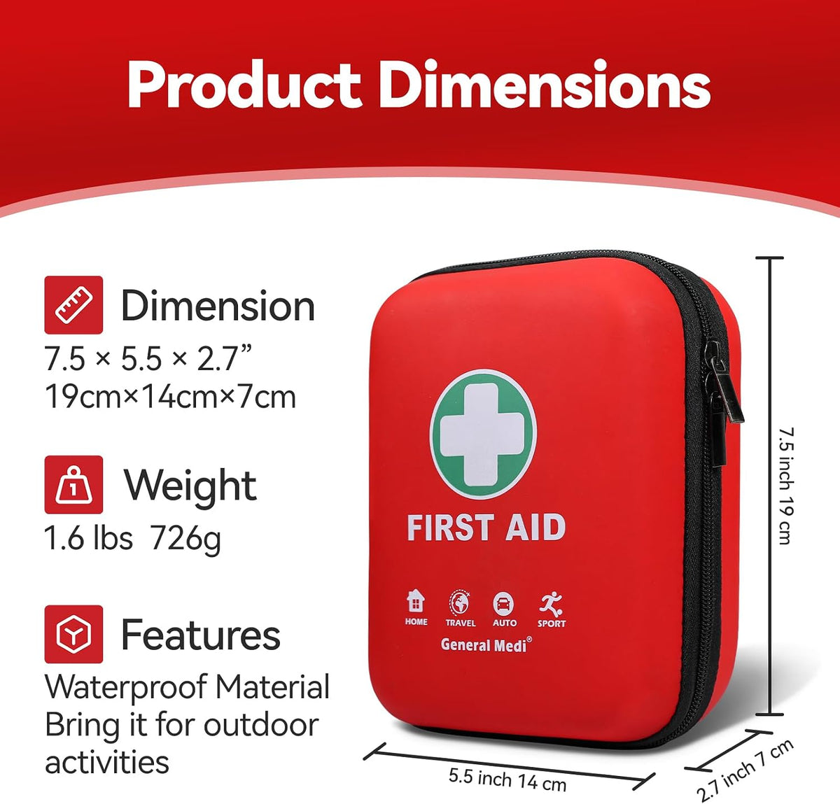 General Medi First Aid Kit - 170 Pieces Hard Case and Lightweight - Great for Travel, Home, Office, Vehicle, Camping, Workplace & Outdoor (Red)