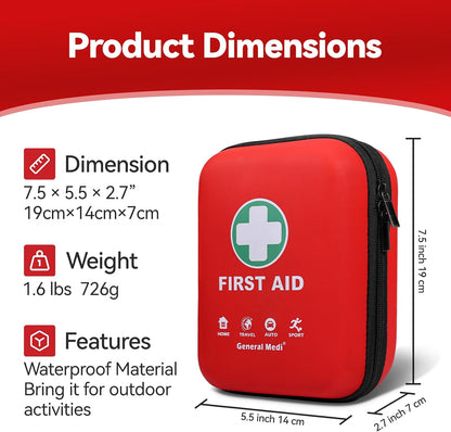 General Medi First Aid Kit - 170 Pieces Hard Case and Lightweight - Great for Travel, Home, Office, Vehicle, Camping, Workplace & Outdoor (Red)