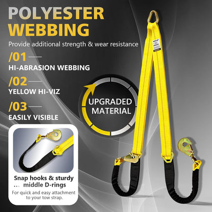 2" x 4' Axle Tie Down V-Bridle Recovery Tow Traile Strap 4700LBS | Polyester Webbing w/Cordura Sleeves and Axle Straps, Snap Hooks Design, Middle D-rings Design, Ideal for All Vehicle Models
