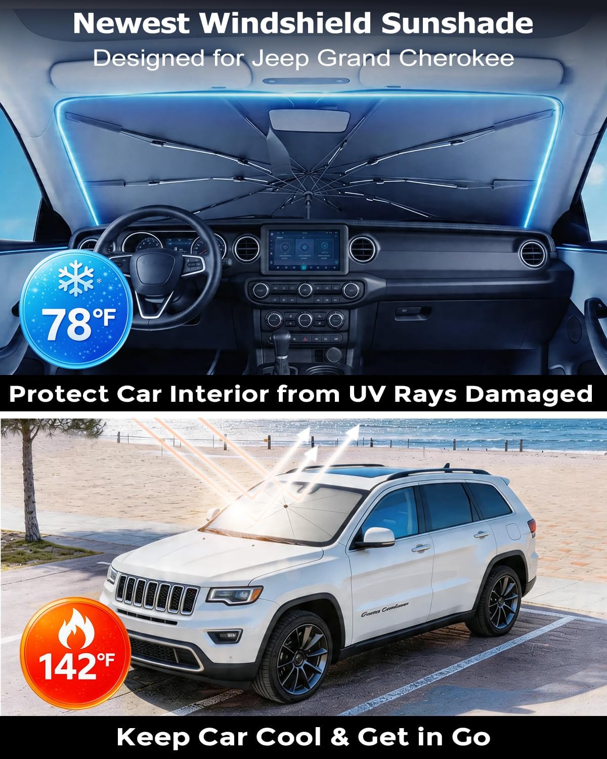 DMJN Umbrella Windshield Sun Shade - Medium, Car Sunshade for Front Windshield [Nano Ice-Crystal Coatings] UPF50+ Heat & UV Block, Protect Interior & Keep Cooler Universal for Car, SUV, Truck