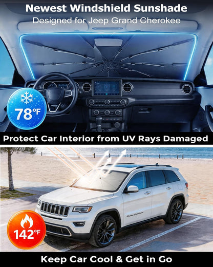 DMJN Umbrella Windshield Sun Shade - Medium, Car Sunshade for Front Windshield [Nano Ice-Crystal Coatings] UPF50+ Heat & UV Block, Protect Interior & Keep Cooler Universal for Car, SUV, Truck
