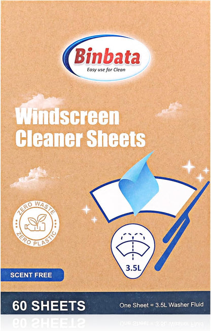 Binbata Eco Windshield Washer Fluid, 60 Sheets Makes 60 Gallons, Effectively Remove Mud, Oil, Bird Droppings, Insect Carcasses, Tree Gum, etc. No Plastic Biodegradable Car Window & Glass Cleaner