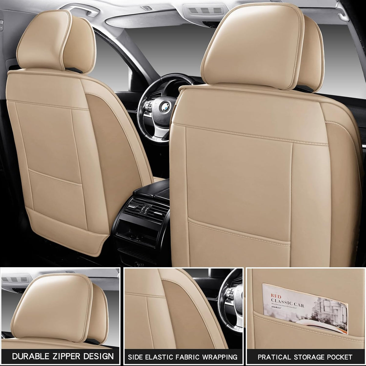 MINGBRON Car Seat Cover Full Set, Leather Car Seat Cover, Waterproof Seat Covers, Car Seat Cushion, Nappa Leather Seat Covers Car Seat Protector Universal Fit Most Cars Black