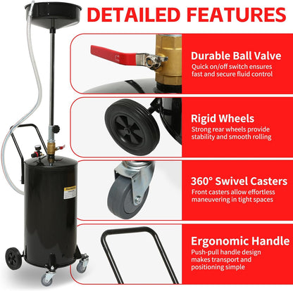MaxWorks 50964 9-Gallon Portable Waste Oil Drain, Industrial Fluid Drain Square Tank with Wheels and Adjustable Funnel Height. Red.