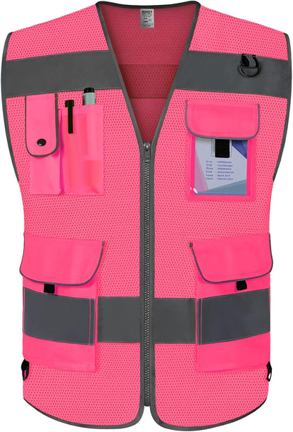 TCCFCCT Safety Vest for Men Women 9 Pockets High Visibility Vest for Safety, Reflective Work Vest with Reflective Strips, Meets ANSI/ISEA Standards, (Yellow, Large)