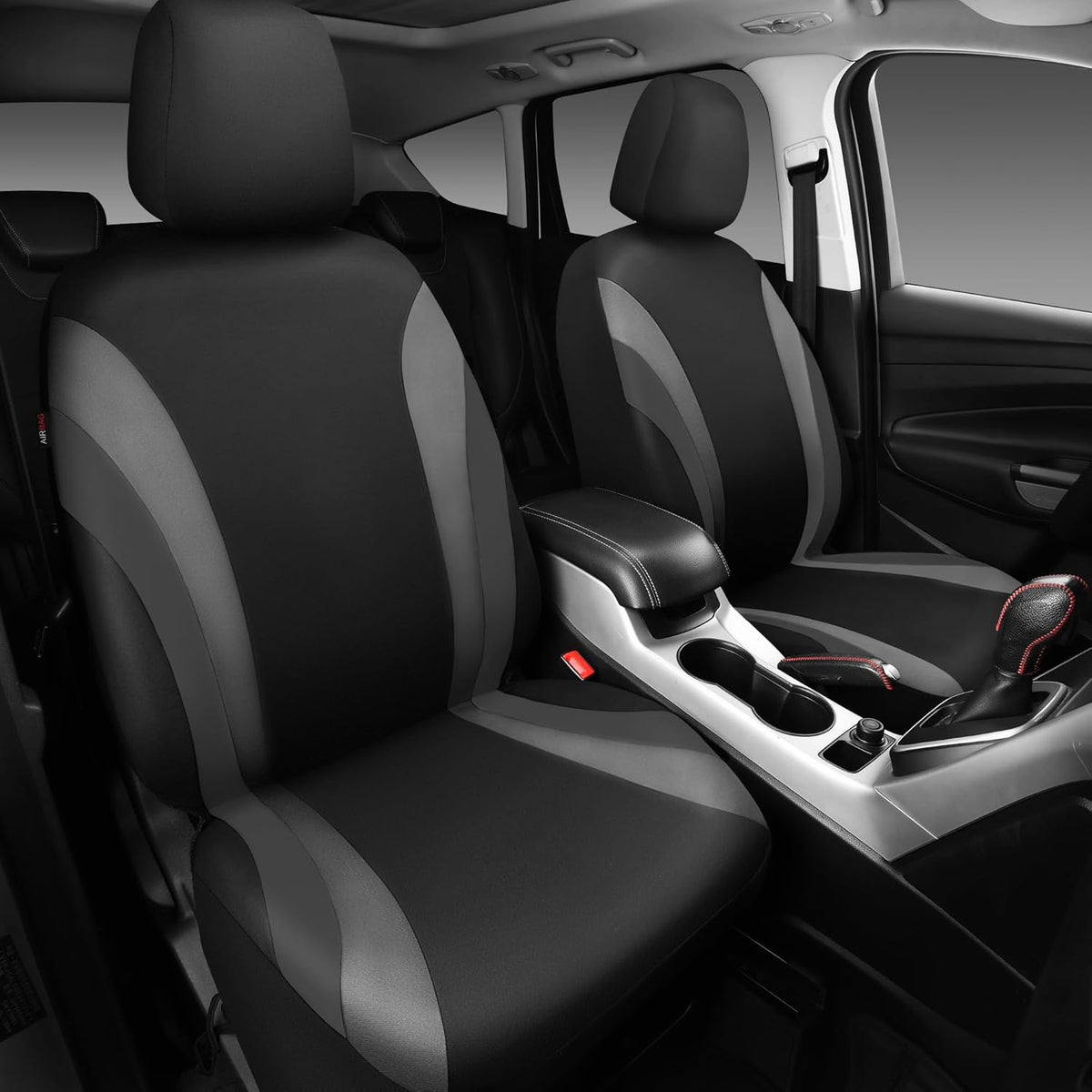 CAR PASS Line Rider Sporty Front Seat Covers,Gray Car Seat Covers Two Front Seats Only, Airbag Compatible,Universal Fit Sedans,Cars,Vans,SUV,Truck(Black and Gray)