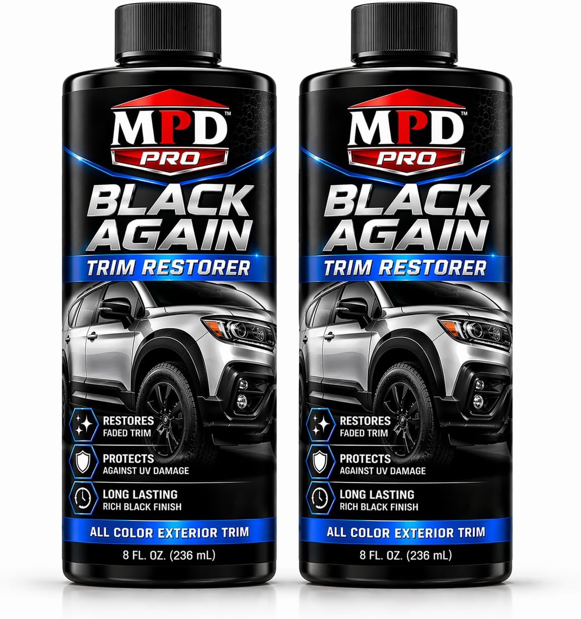 MPD Pro Black Again Trim Restorer for Cars – Restores Faded Plastic, Vinyl & Rubber Exterior Trim, Deep Black Finish for Bumpers, Mirrors & Moldings, UV Protection, Non-Greasy Formula, 8oz (Pack of 1)