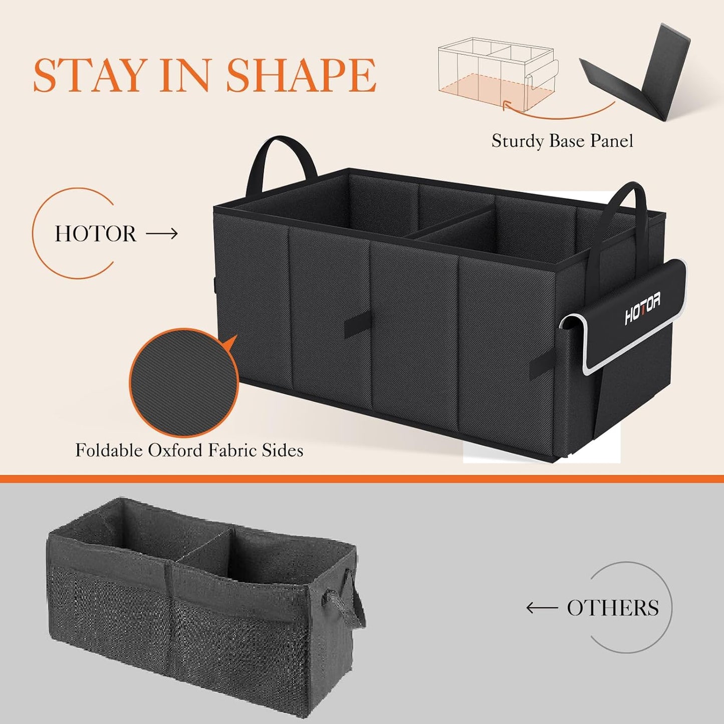 HOTOR Trunk Organizer - Car Organizer with 5 Pockets, Trunk organizer for SUV, Sedan & Van, Car Organization with Sturdy Base Panel for Car Accessories, Black, 2 Compartments, 21.3"×12.6"×10.6"